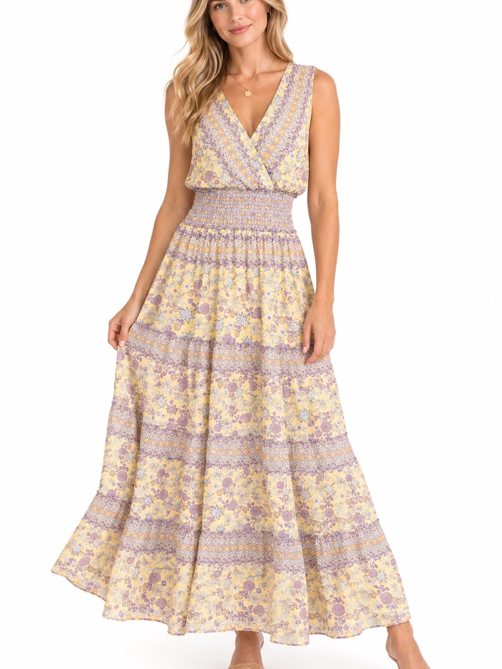 Taylor Yellow Lavender Floral Smocked Waist Faux Wrap Maxi Dress NWT 12